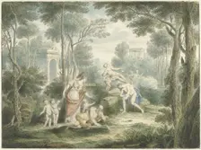 Arcadian landscape with Athena crowning an old man, and Venus and Adonis, 1747. Creator: Louis Fabritius Dubourg