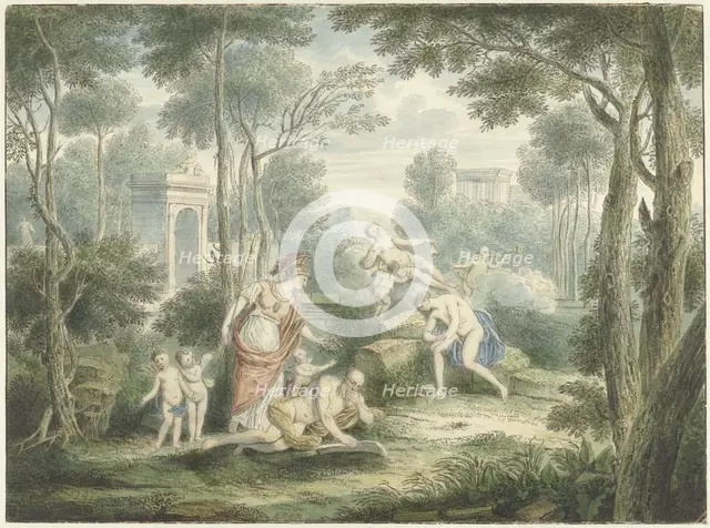 Arcadian landscape with Athena crowning an old man, and Venus and Adonis, 1747. Creator: Louis Fabritius Dubourg.
