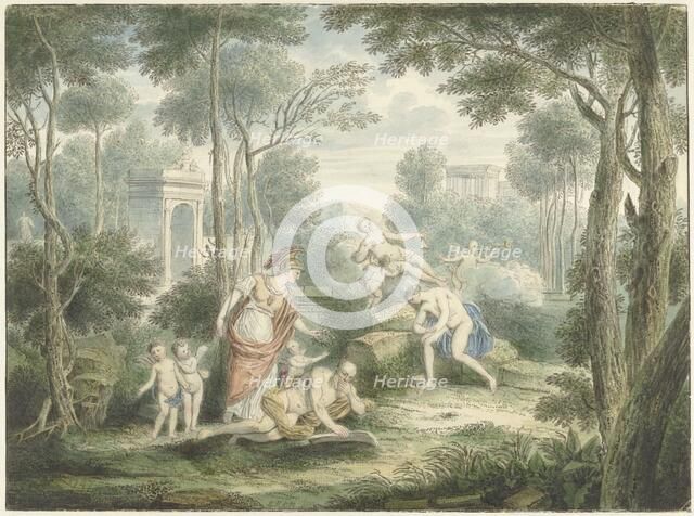 Arcadian landscape with Athena crowning an old man, and Venus and Adonis, 1747. Creator: Louis Fabritius Dubourg.