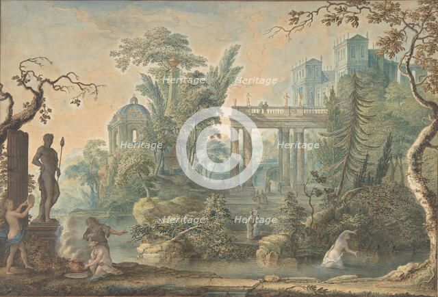 Arcadian Landscape with several Figures and a Statue of Apollo, 18th century. Creator: Gerard Melder.