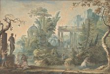 Arcadian Landscape with several Figures and a Statue of Apollo, 18th century. Creator: Gerard Melder