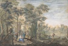 Arcadian Landscape with several Figures and a Statue of Diana, 18th century. Creator: Gerard Melder
