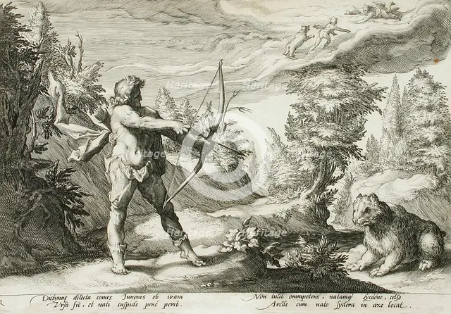 Arcas Preparing to Kill his Mother, Changed into a Bear, published 1590. Creator: Hendrik Goltzius.