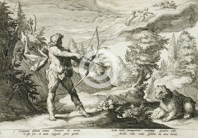 Arcas Preparing to Kill his Mother, Changed into a Bear, published 1590. Creator: Hendrik Goltzius.