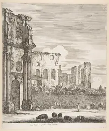 Arch of Constantine and Colosseum with sheep grazing in foreground, from Six large views..., 1656. Creator: Stefano della Bella