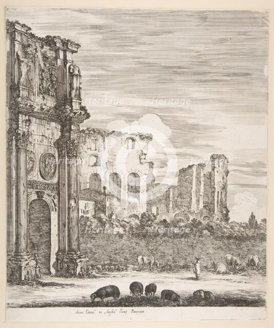 Arch of Constantine and Colosseum with sheep grazing in foreground, from 'Six large views..., 1656. Creator: Stefano della Bella.