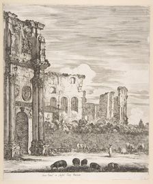 Arch of Constantine and Colosseum with sheep grazing in foreground, from Six large views..., 1656. Creator: Stefano della Bella