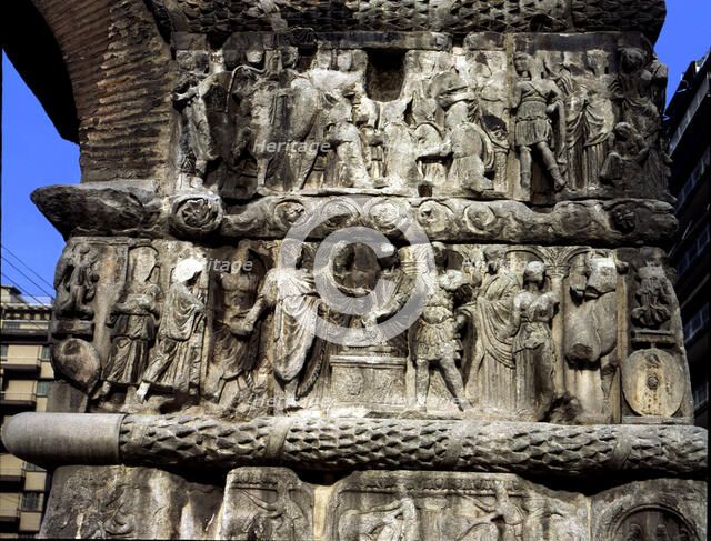 Arch of Galerius in Thessalonika, detail of one of the columns, with scenes commemorating the Rom…