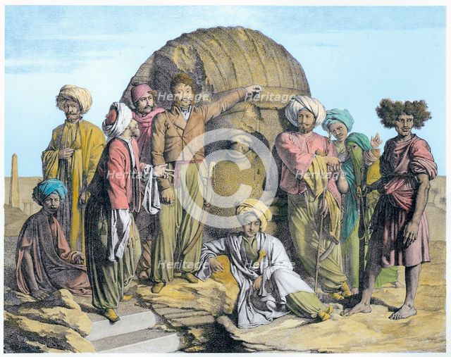 Archaeologist Bernardino Drovetti measuring a colossal head in the Egyptian desert, 1819. Artist: G Engelmann
