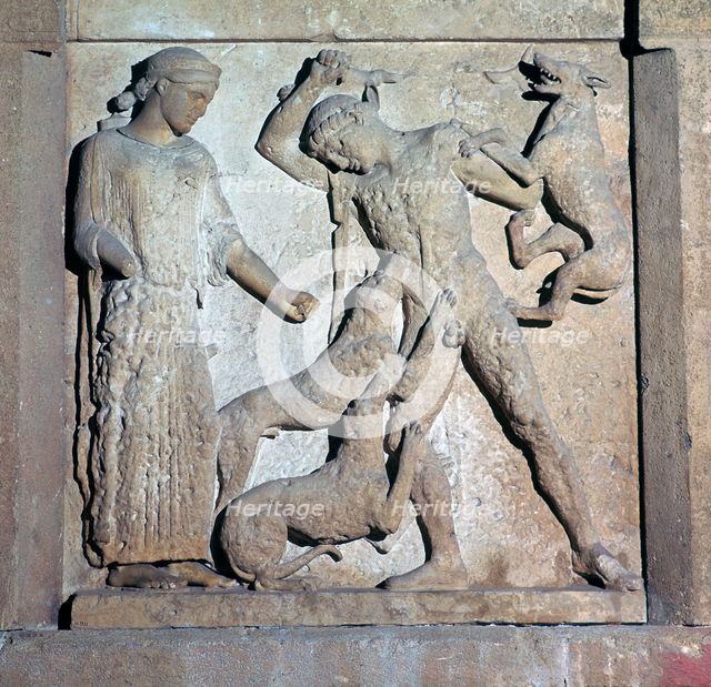 Archaic metope showing Actaeon and Artemis, 5th century BC. Artist: Unknown