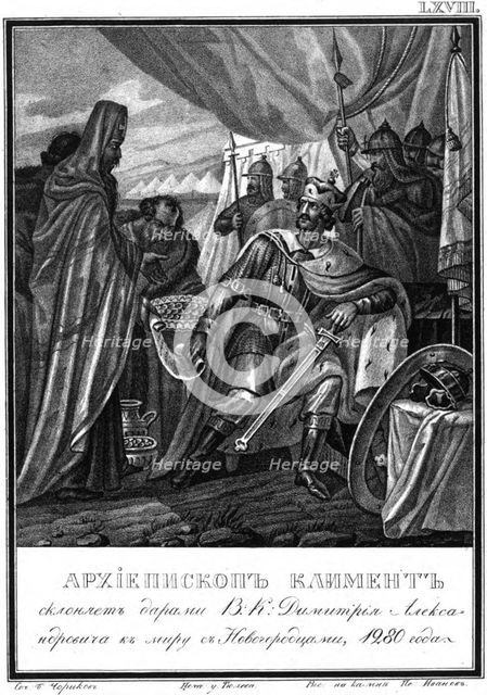 Archbishop Kliment of Novgorod and Dmitry I Alexandrovich. 1280 (From Illustrated Karamzin), 1836. Artist: Chorikov, Boris Artemyevich (1802-1866)