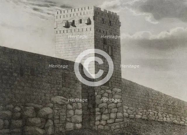 Archbishop's Tower and Roman wall constructed over the remains of the Cyclopean wall...Spain, 1853.  Creator: Antonio Roca Sallent.