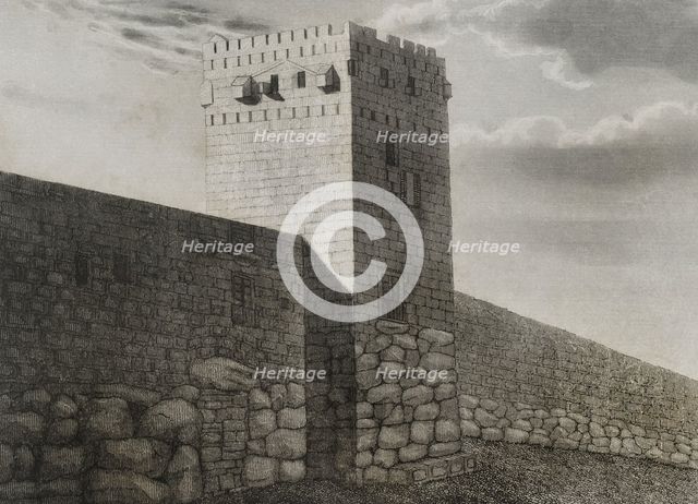 Archbishop's Tower and Roman wall constructed over the remains of the Cyclopean wall...Spain, 1853.  Creator: Antonio Roca Sallent.