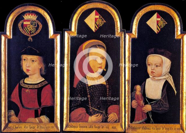 Archduke Charles, the later Holy Roman Emperor Charles V., with his sisters Eleanor and Isabella at the age of 2 years, 1502. Artist: Master of St.Georgsgilde (active ca 1500)