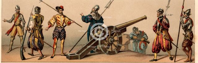 Archebusiers, artillerymen, landsknechts and pikeman of the time of Henry II of France, 1559-1572.