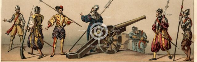 Archebusiers, artillerymen, landsknechts and pikeman of the time of Henry II of France, 1559-1572.