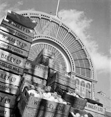Arched iron and glass facade of Covent Garden market's Floral Hall, London, 1945-1950. Creator: John Gay