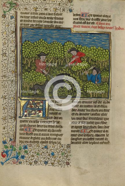 Archers Shooting at a Wild Boar; Livre de la Chasse, about 1430-1440. Creator: Unknown.