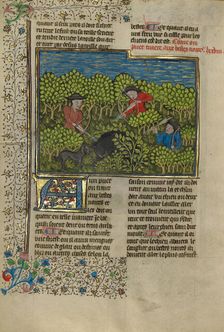 Archers Shooting at a Wild Boar; Livre de la Chasse, about 1430-1440. Creator: Unknown