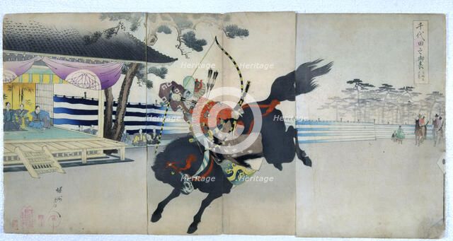 Archery at the samurai in the gardens of Chiyoda No Onmote-Yabusame Jyoran, popular card, 1897.