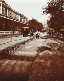 Arches over the District Railway exposed during tramway electricification, London, 1906