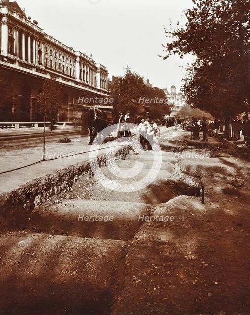 Arches over the District Railway exposed during tramway electricification, London, 1906. Artist: Unknown.