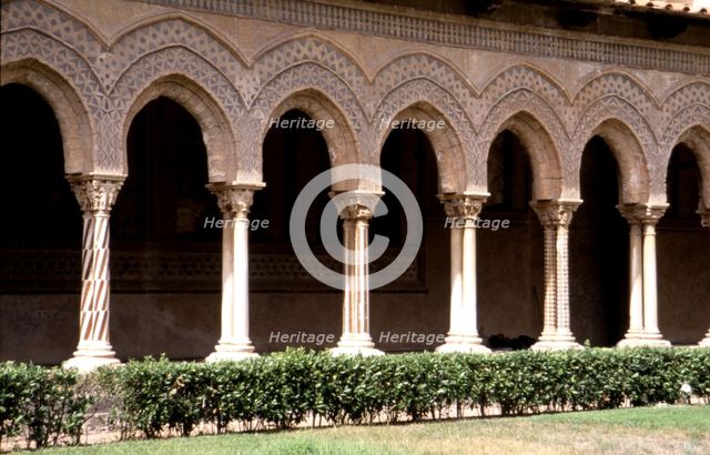 Arches of the Monreale Cathedral cloister in Sicily, Norman-Byzantine style, 12th-13th centuries.…