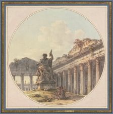 Architectural capriccio: Interior of a temple ruin with a statue of Jupiter Tonans and figures. Creator: Victor Jean Nicolle