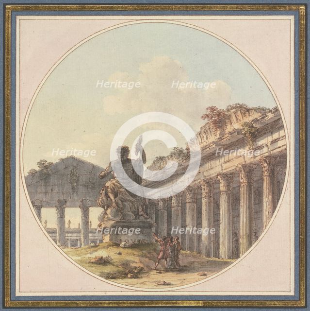 Architectural capriccio: Interior of a temple ruin with a statue of Jupiter Tonans and figures. Creator: Victor Jean Nicolle.