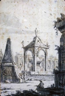 Architectural Capriccio of an Antique Cemetery with Three Tombs, between 1767 and 1772. Creator: Giovanni Francesco Costa