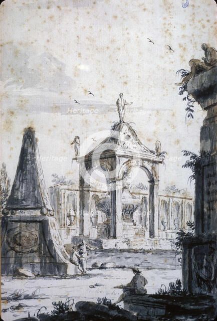 Architectural Capriccio of an Antique Cemetery with Three Tombs, between 1767 and 1772. Creator: Giovanni Francesco Costa.