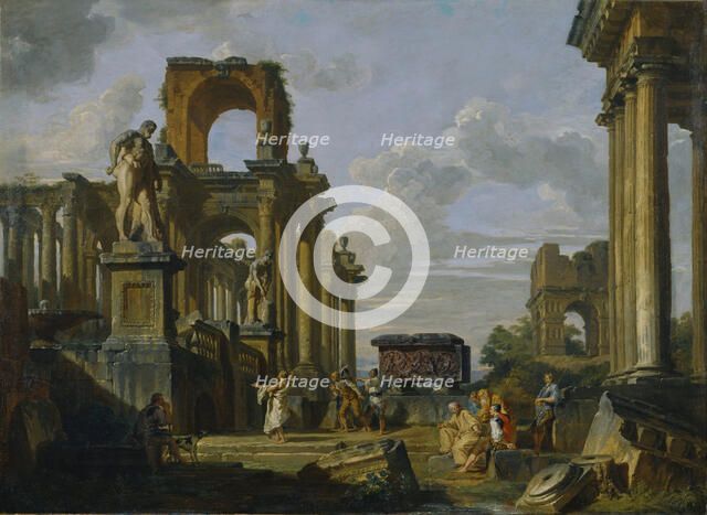 Architectural Capriccio of the Roman Forum with Philosophers and Soldiers among Ancient Ruins. Artist: Panini, Giovanni Paolo (1691-1765)