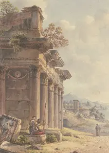 Architectural capriccio: Ruins of a temple facade, landscape with buildings and a bay in the back... Creator: Victor Jean Nicolle