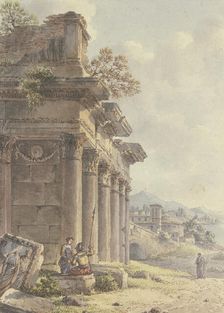 Architectural capriccio: Ruins of a temple facade, landscape with buildings and a bay in the back... Creator: Victor Jean Nicolle