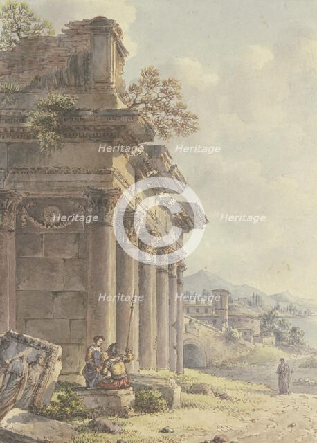 Architectural capriccio: Ruins of a temple facade, landscape with buildings and a bay in the back... Creator: Victor Jean Nicolle.