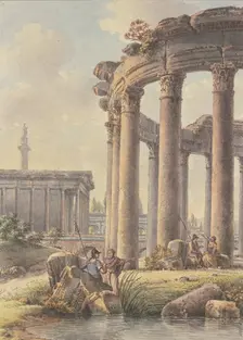Architectural capriccio: Ruins of a round temple, Trajan's Column in the background. Creator: Victor Jean Nicolle