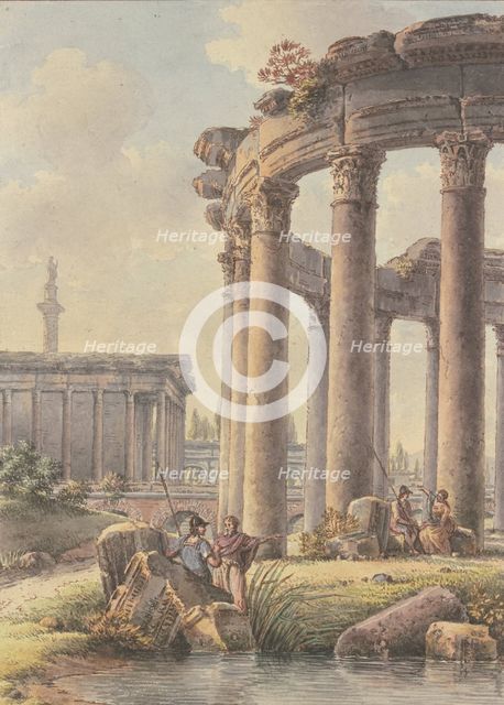 Architectural capriccio: Ruins of a round temple, Trajan's Column in the background. Creator: Victor Jean Nicolle.