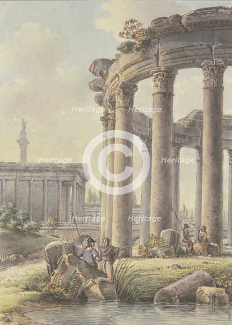 Architectural capriccio: Ruins of a round temple, Trajan's Column in the background. Creator: Victor Jean Nicolle.