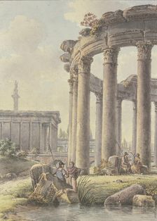 Architectural capriccio: Ruins of a round temple, Trajan's Column in the background. Creator: Victor Jean Nicolle