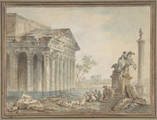 Architectural Capriccio with Roman Monuments and Washerwomen, n.d.. Creator: Manner of Hubert Robert (French, Paris 1733-1808)