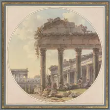 Architectural capriccio: Temple ruin and figures. Creator: Victor Jean Nicolle