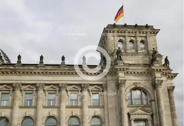 Architectural detail of the exterior, Reichstag Building, Berlin, Germany, 2025.  Creator: LTL.