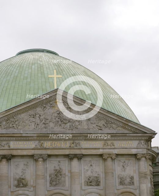 Architectural detail of the facade and dome, St Hedwig's Cathedral, Berlin, Germany, 2025.  Creator: LTL.