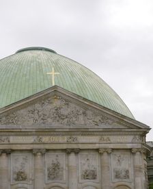 Architectural detail of the facade and dome, St Hedwig's Cathedral, Berlin, Germany, 2025. Creator: LTL