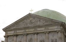 Architectural detail of the facade, St Hedwig's Cathedral, Berlin, Germany, 2025. Creator: LTL