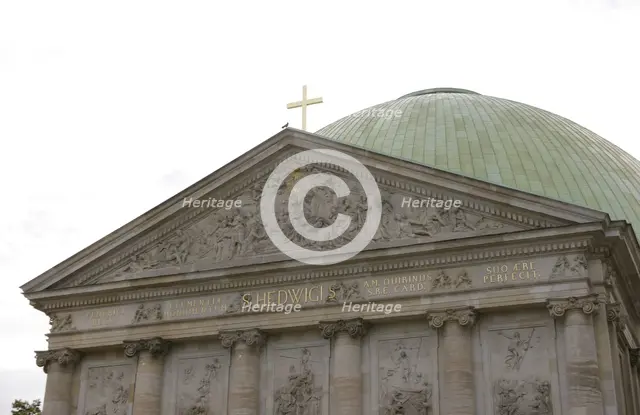 Architectural detail of the facade, St Hedwig's Cathedral, Berlin, Germany, 2025.  Creator: LTL.