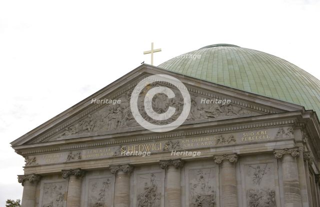 Architectural detail of the facade, St Hedwig's Cathedral, Berlin, Germany, 2025.  Creator: LTL.