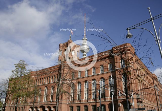 Architectural detail, Red Town Hall, (Rotes Rathaus) from Spandauer Strasse, Berlin, Germany, 2025.  Creator: LTL.