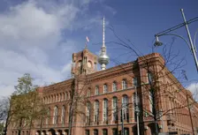 Architectural detail, Red Town Hall, (Rotes Rathaus) from Spandauer Strasse, Berlin, Germany, 2025. Creator: LTL