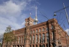 Architectural detail, Red Town Hall, (Rotes Rathaus) from Spandauer Strasse, Berlin, Germany, 2025. Creator: LTL